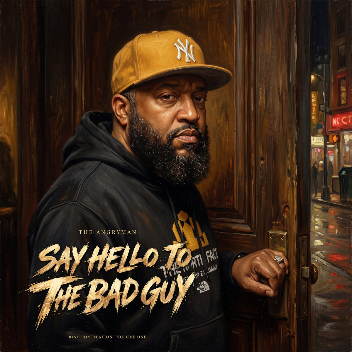 Say Hello to the Bad Guy — The Angryman, cover with scene-specific gold lettering