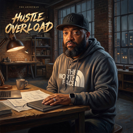 Hustle Overload (Cover) — The Angryman, cover with scene-specific gold lettering